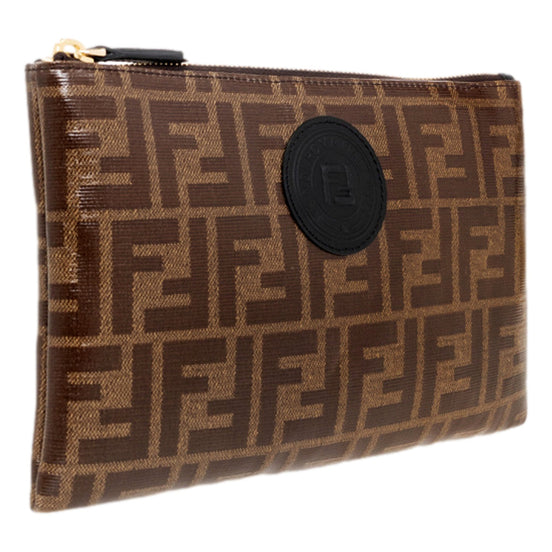Fendi FF Zucca Brown Coated Canvas Flat Zipper Pouch Clutch available at Queen Bee of Beverly Hills