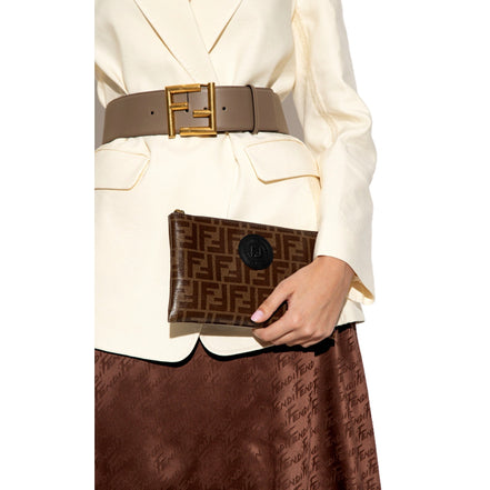 Fendi FF Zucca Brown Coated Canvas Flat Zipper Pouch Clutch available at Queen Bee of Beverly Hills