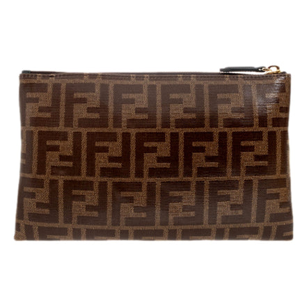 Fendi FF Zucca Brown Coated Canvas Flat Zipper Pouch Clutch available at Queen Bee of Beverly Hills