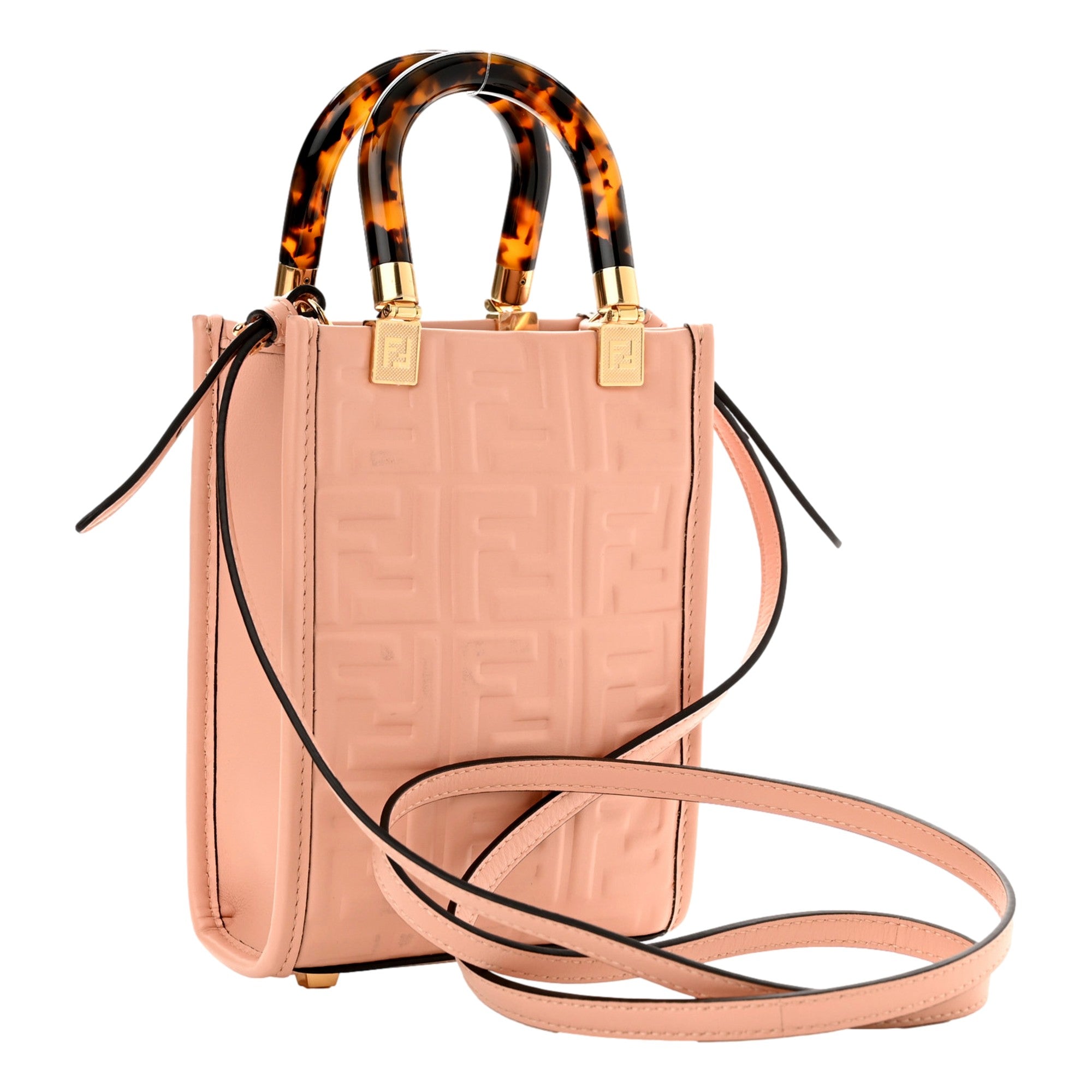 Fendi FF Zucca Leather Mini Sunshine Shopper Tote Crossbody Bag Baby Pink available at Queen Bee of Beverly Hills
