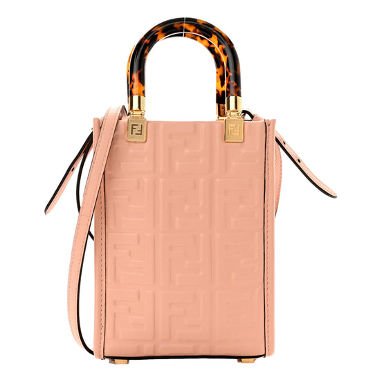 Fendi FF Zucca Leather Mini Sunshine Shopper Tote Crossbody Bag Baby Pink available at Queen Bee of Beverly Hills