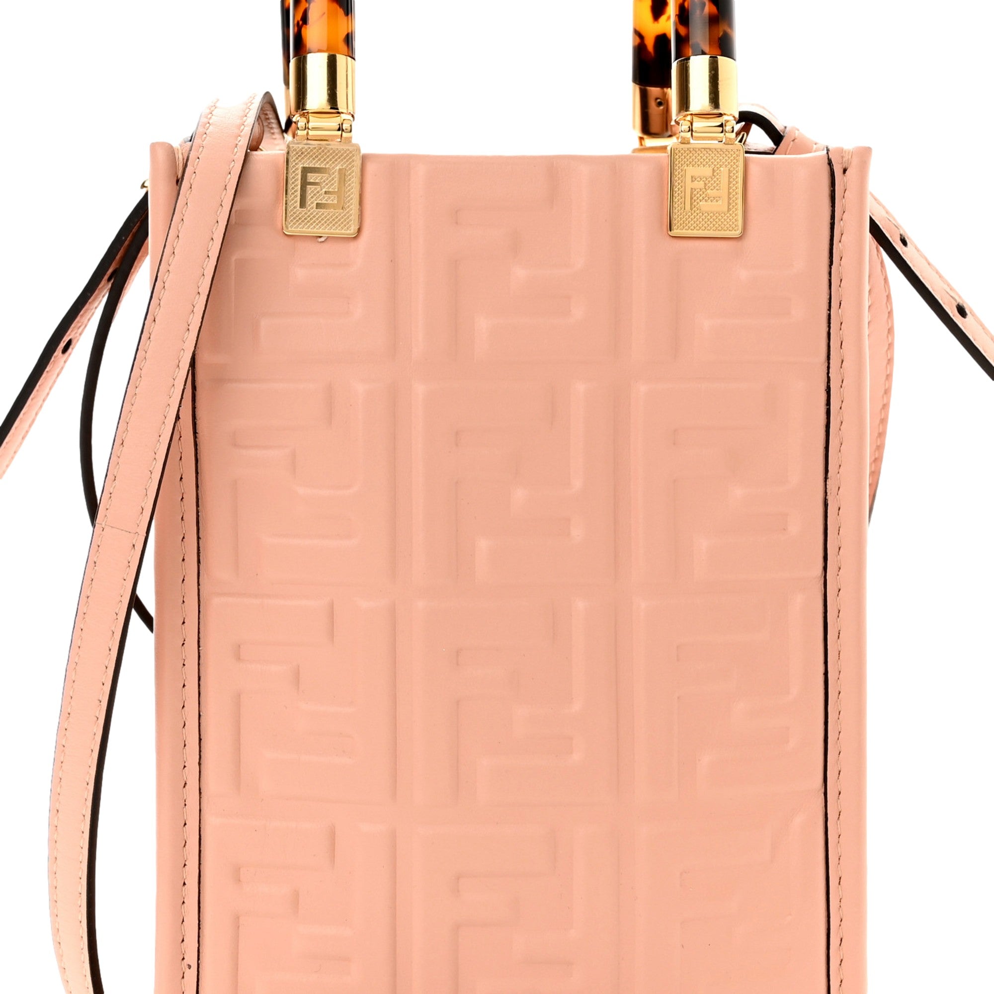 Fendi FF Zucca Leather Mini Sunshine Shopper Tote Crossbody Bag Baby Pink available at Queen Bee of Beverly Hills