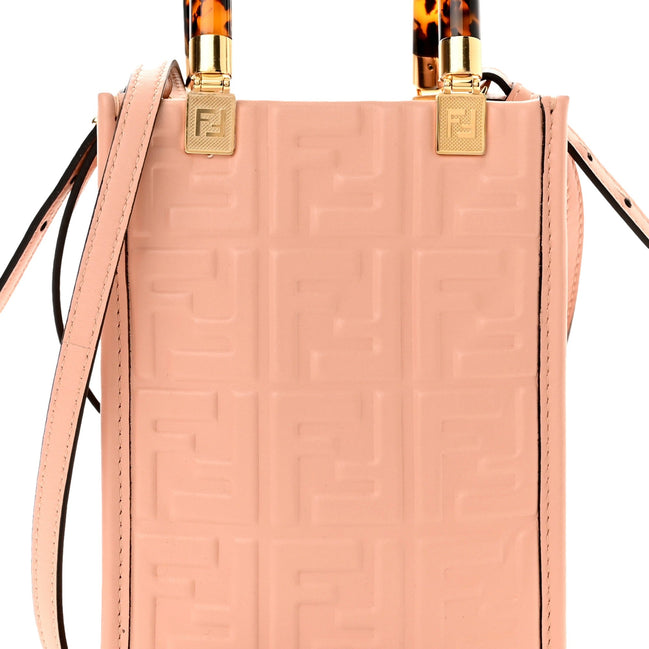 Fendi FF Zucca Leather Mini Sunshine Shopper Tote Crossbody Bag Baby Pink available at Queen Bee of Beverly Hills