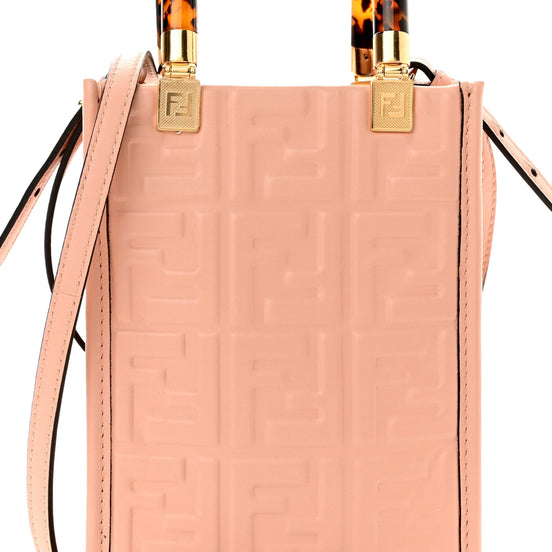 Fendi FF Zucca Leather Mini Sunshine Shopper Tote Crossbody Bag Baby Pink available at Queen Bee of Beverly Hills