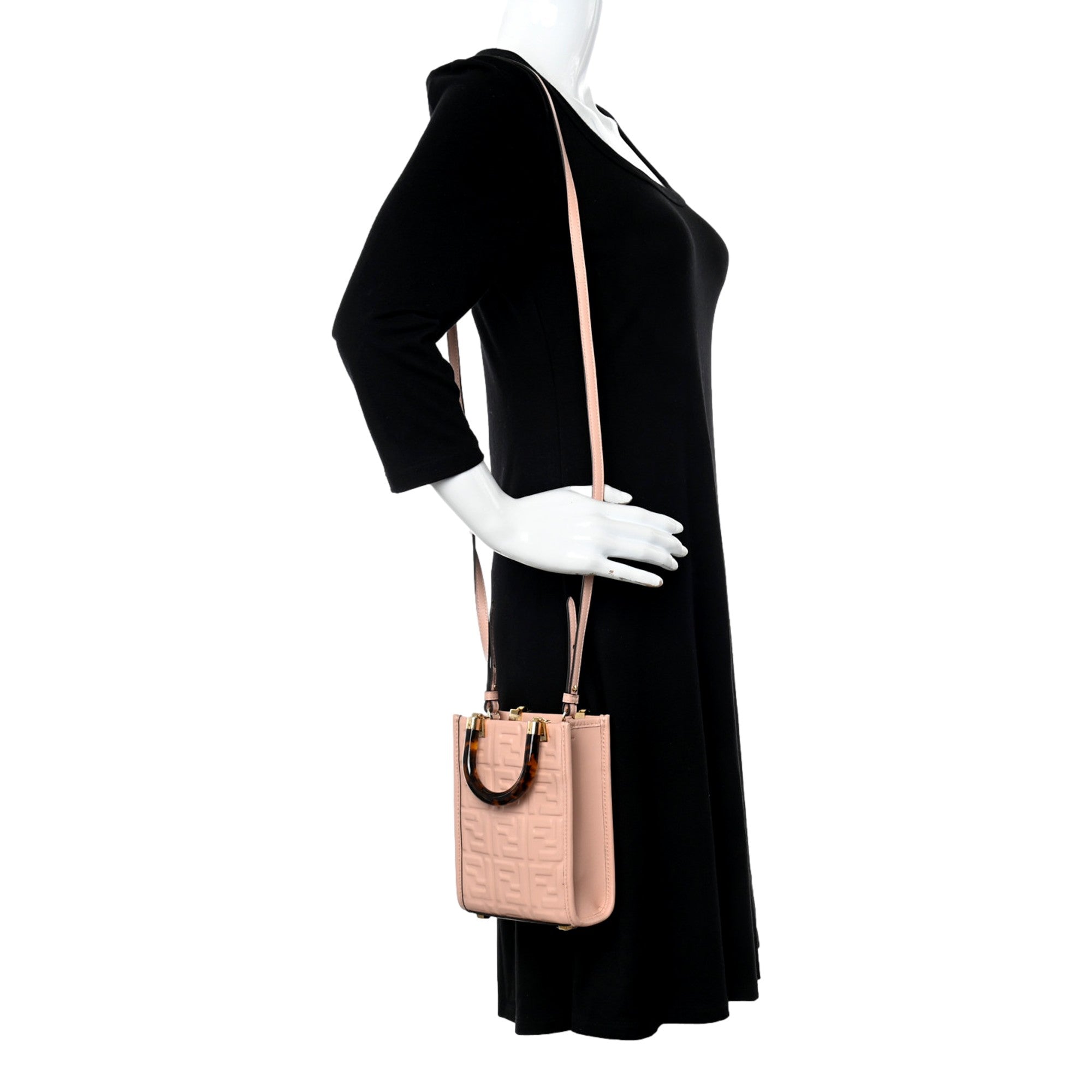 Fendi FF Zucca Leather Mini Sunshine Shopper Tote Crossbody Bag Baby Pink available at Queen Bee of Beverly Hills