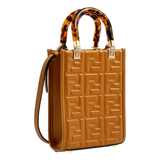 Fendi FF Zucca Leather Mini Sunshine Shopper Tote Crossbody Bag Caramello Brown available at Queen Bee of Beverly Hills
