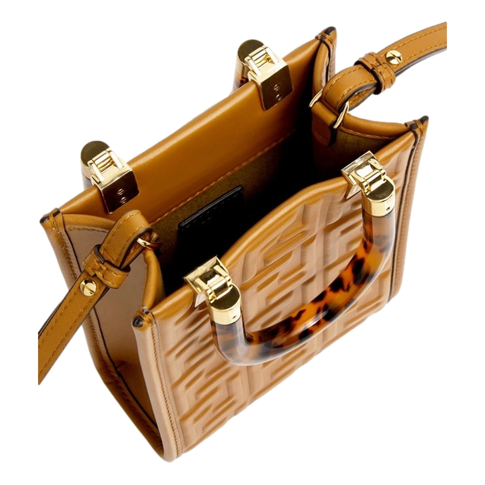 Fendi FF Zucca Leather Mini Sunshine Shopper Tote Crossbody Bag Caramello Brown available at Queen Bee of Beverly Hills
