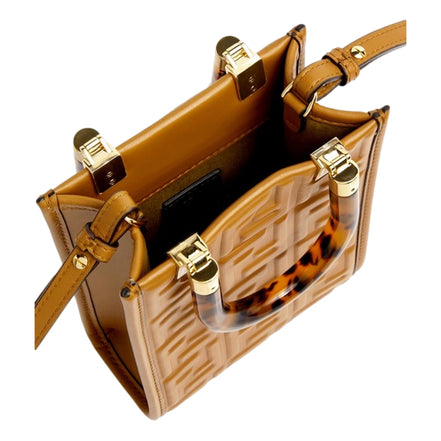Fendi FF Zucca Leather Mini Sunshine Shopper Tote Crossbody Bag Caramello Brown available at Queen Bee of Beverly Hills