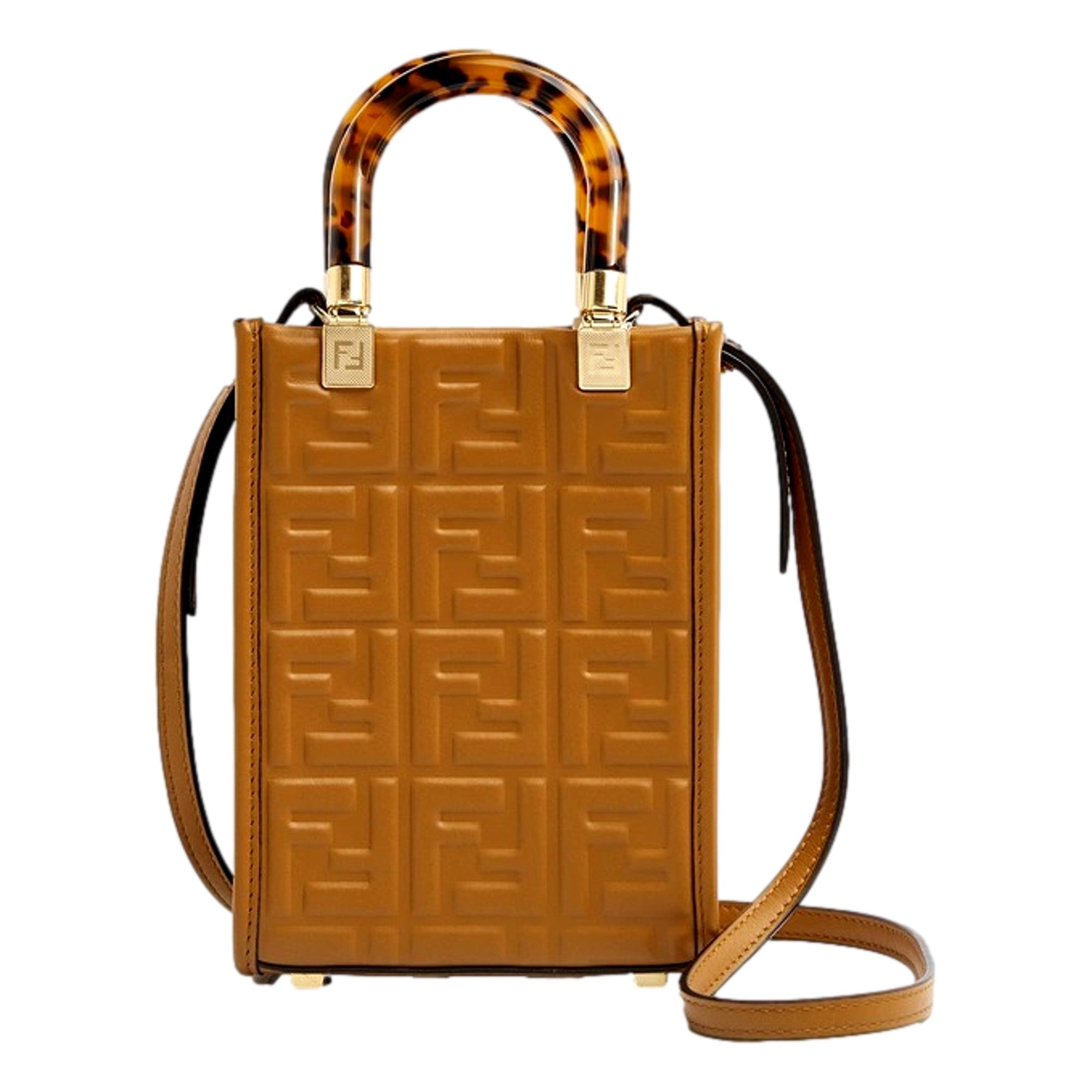 Fendi FF Zucca Leather Mini Sunshine Shopper Tote Crossbody Bag Caramello Brown available at Queen Bee of Beverly Hills