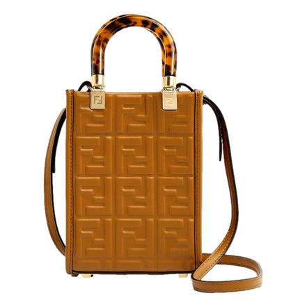 Fendi FF Zucca Leather Mini Sunshine Shopper Tote Crossbody Bag Caramello Brown available at Queen Bee of Beverly Hills