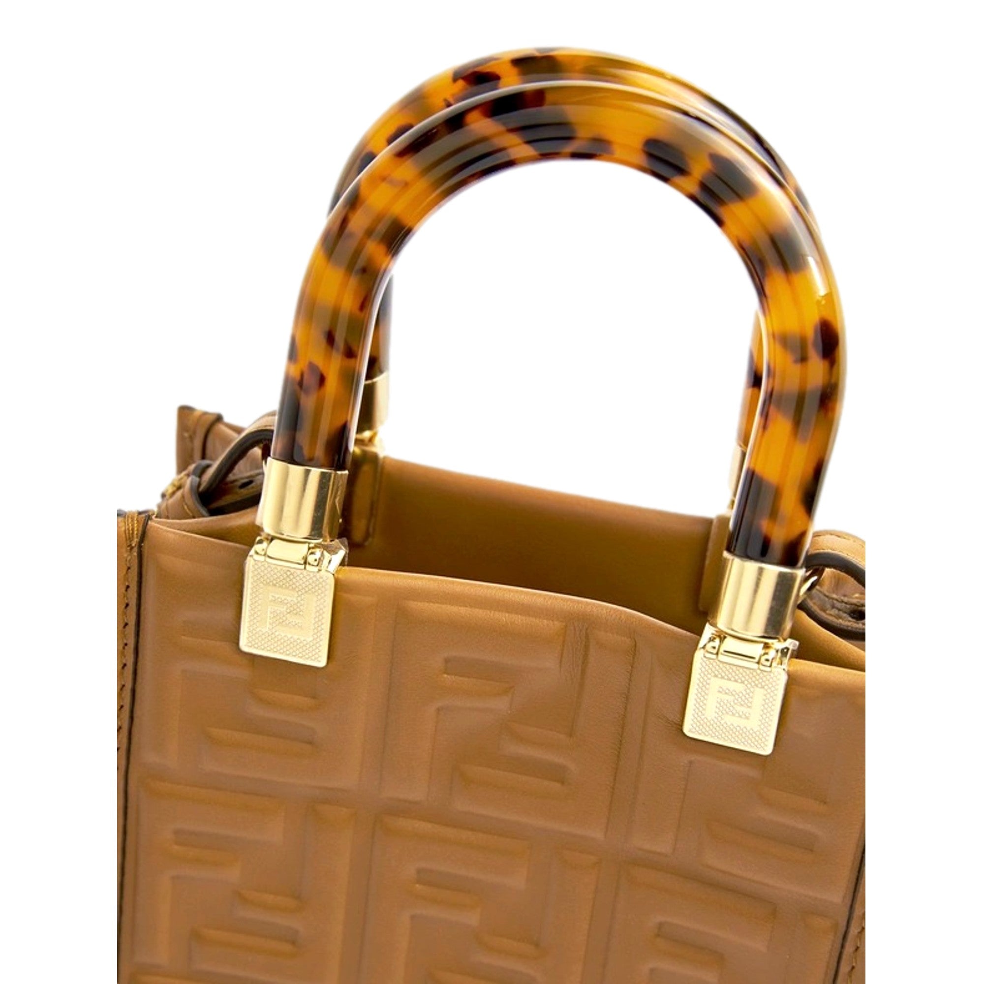 Fendi FF Zucca Leather Mini Sunshine Shopper Tote Crossbody Bag Caramello Brown available at Queen Bee of Beverly Hills