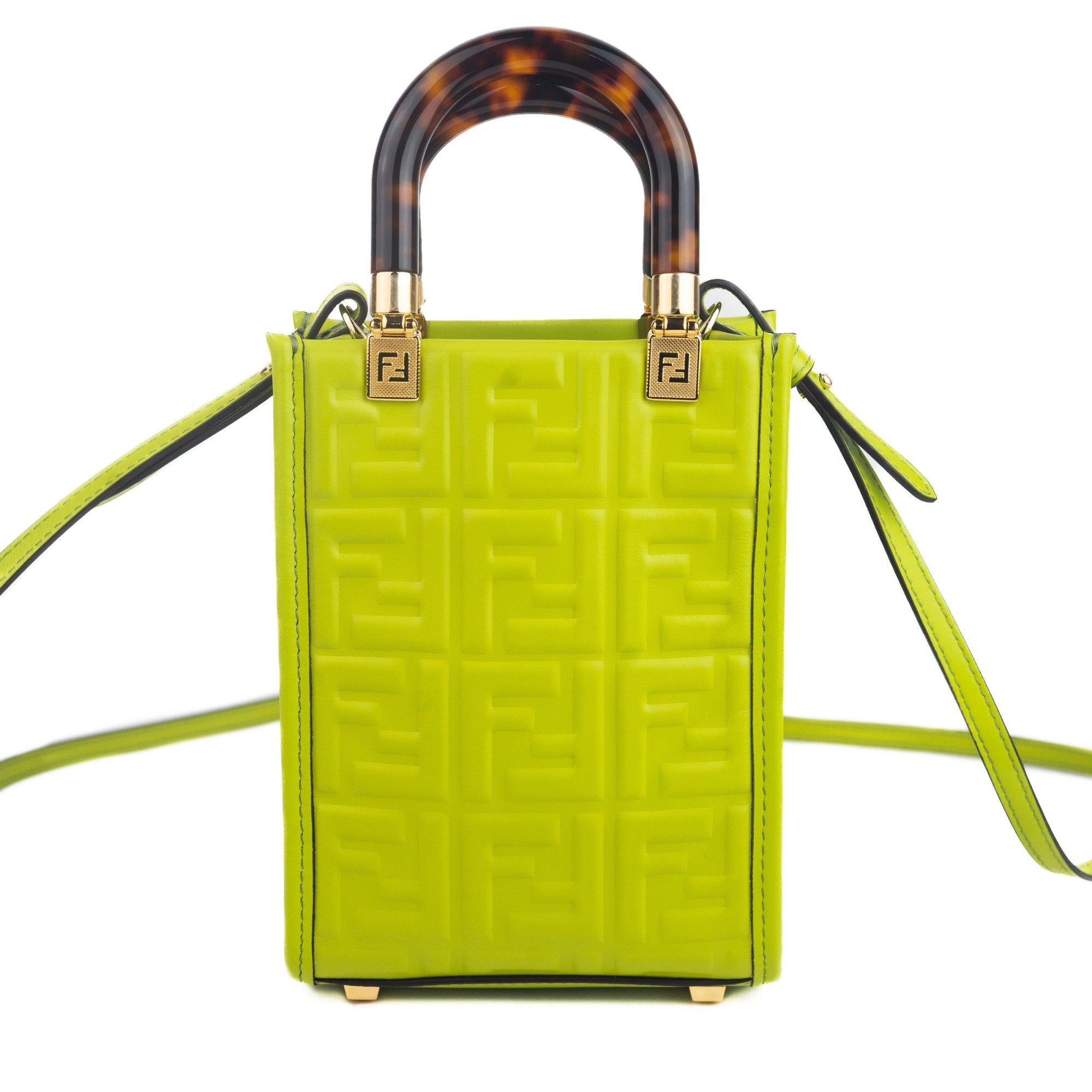Fendi FF Zucca Mini Sunshine Shopper Tote Crossbody Bag Green Leather available at Queen Bee of Beverly Hills