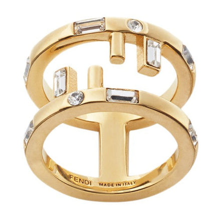 Fendi First Gold Finish Metal and White Crystal Small Fashion Ring available at Queen Bee of Beverly Hills