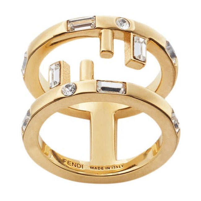 Fendi First Gold Finish Metal and White Crystal Small Fashion Ring available at Queen Bee of Beverly Hills
