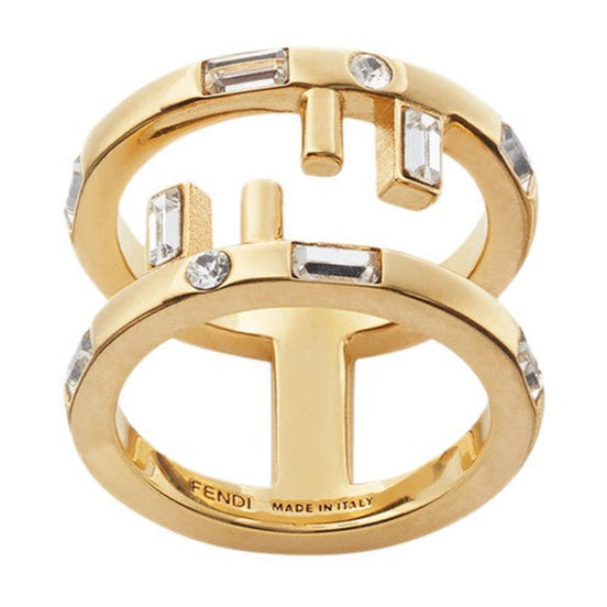 Fendi First Gold Finish Metal and White Crystal Small Fashion Ring available at Queen Bee of Beverly Hills