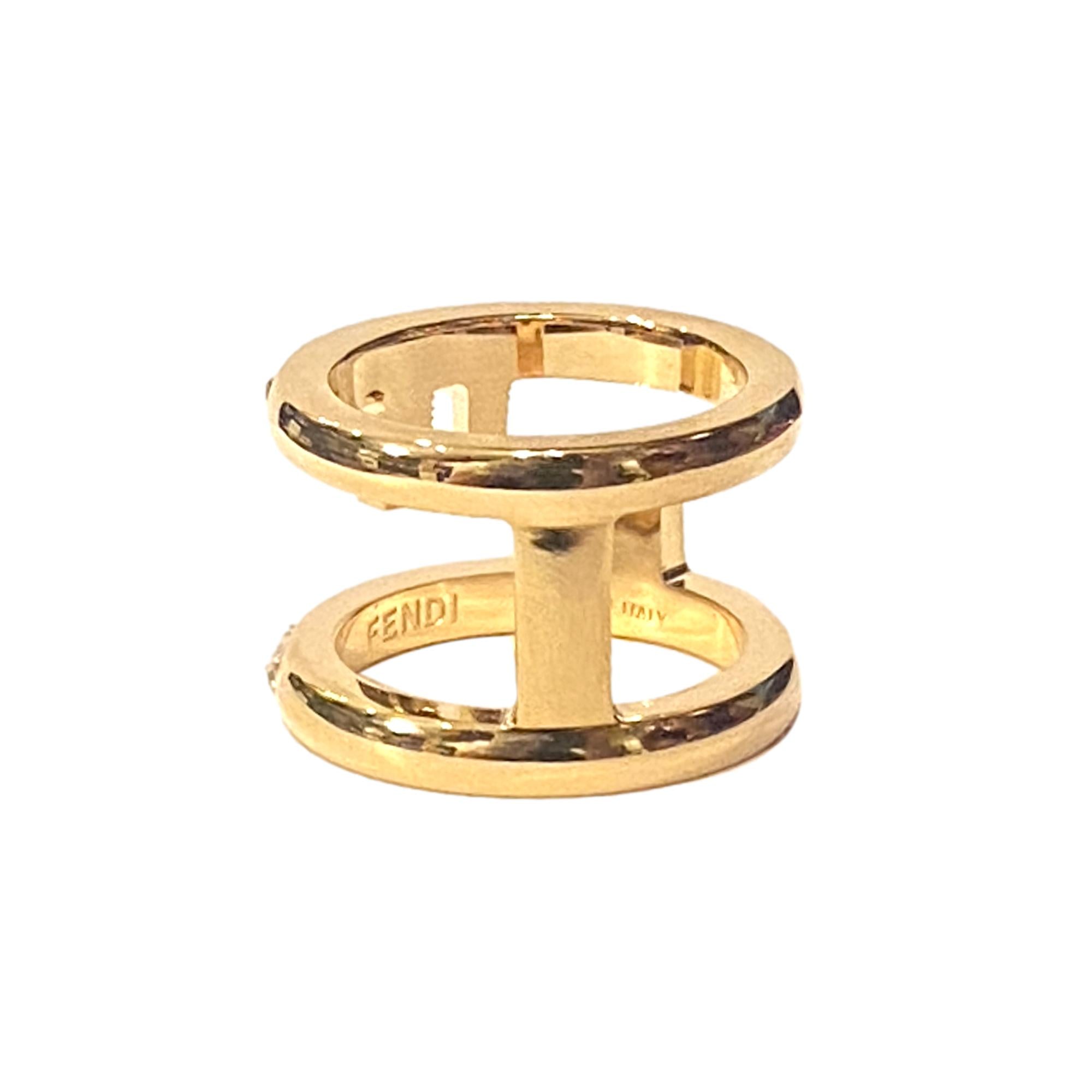 Fendi First Gold Finish Metal and White Crystal Small Fashion Ring available at Queen Bee of Beverly Hills