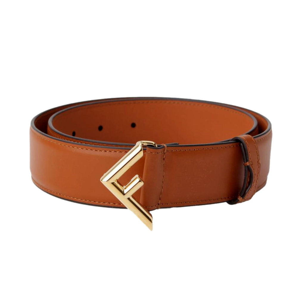 Fendi First Gold Logo Cuoio Brown Calf Leather Belt Size 85 at_Queen_Bee_of_Beverly_Hills