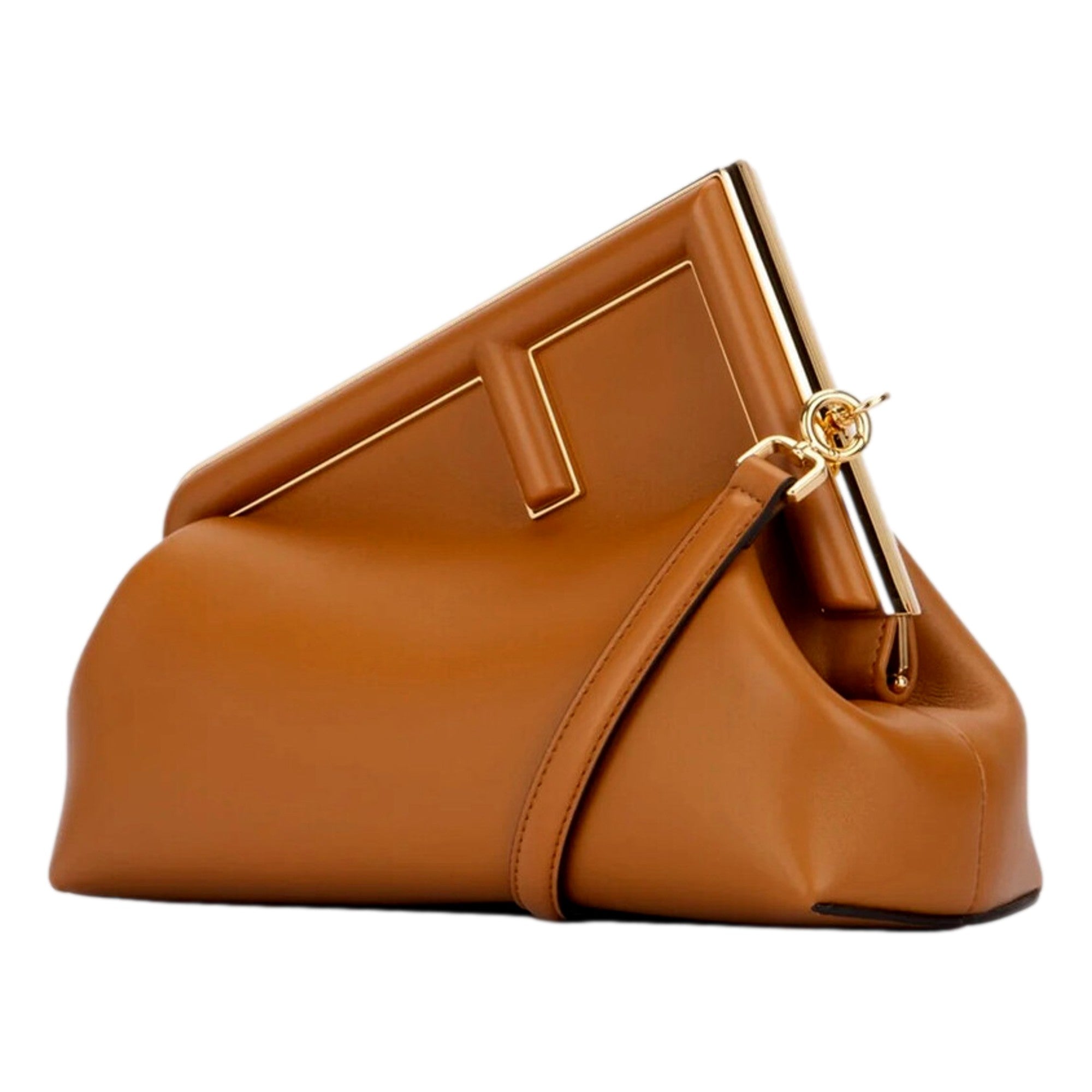 Fendi First Midi Nappa Leather Clutch Crossbody Bag Caramel Brown Gold FF Logo