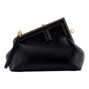 Fendi First Midi Nappa Leather Clutch Crossbody Bag Nero Black Gold FF Logo