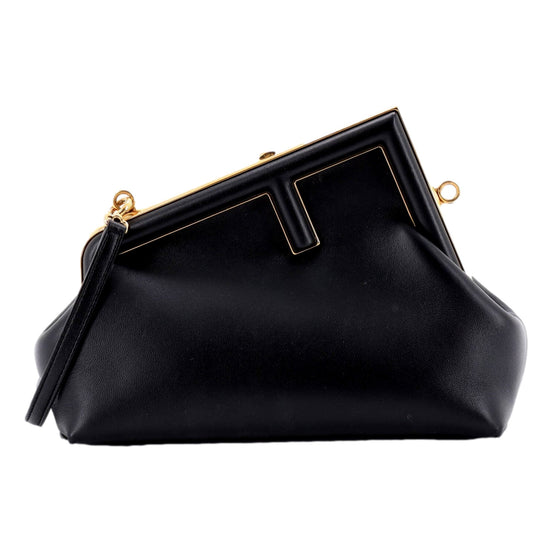 Fendi First Midi Nappa Leather Clutch Crossbody Bag Nero Black Gold FF Logo