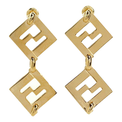 Fendi Forever Gold Tone Metal FF Dangle Stud Earrings available at Queen Bee of Beverly Hills