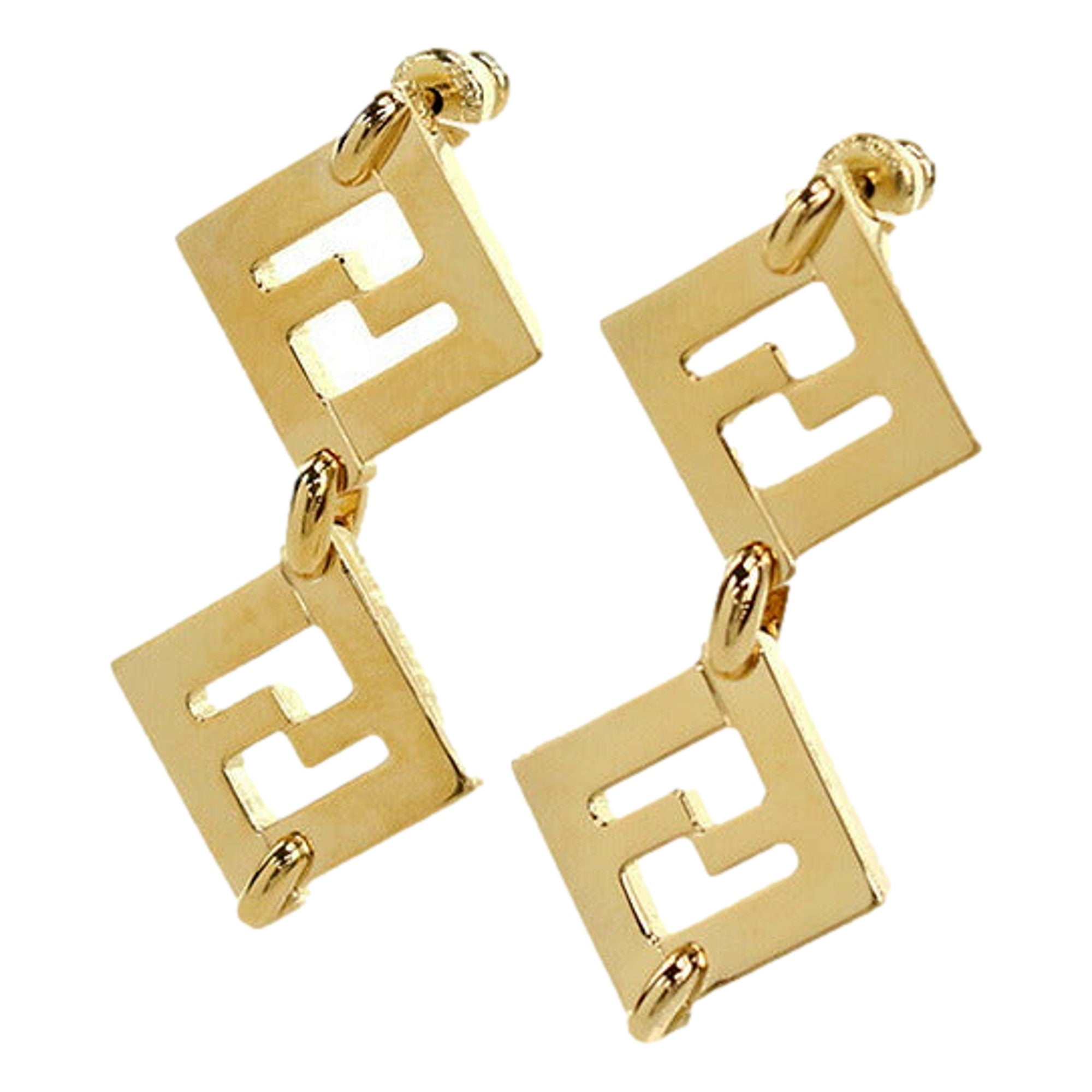 Fendi Forever Gold Tone Metal FF Dangle Stud Earrings available at Queen Bee of Beverly Hills