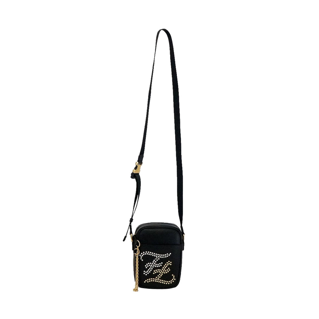 Fendi Karligraphy Studded Black Leather Small Crossbody Bag at_Queen_Bee_of_Beverly_Hills
