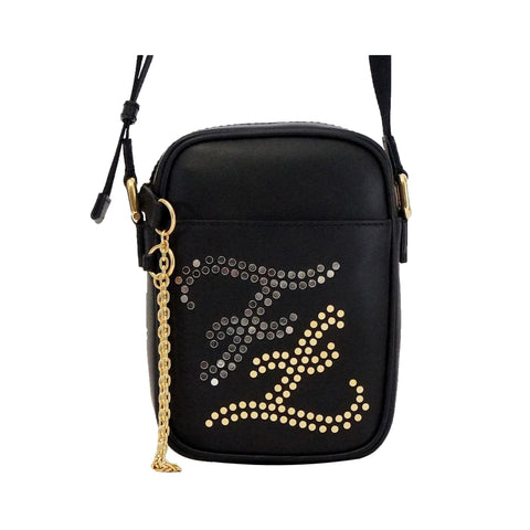 Fendi Karligraphy Studded Black Leather Small Crossbody Bag at_Queen_Bee_of_Beverly_Hills