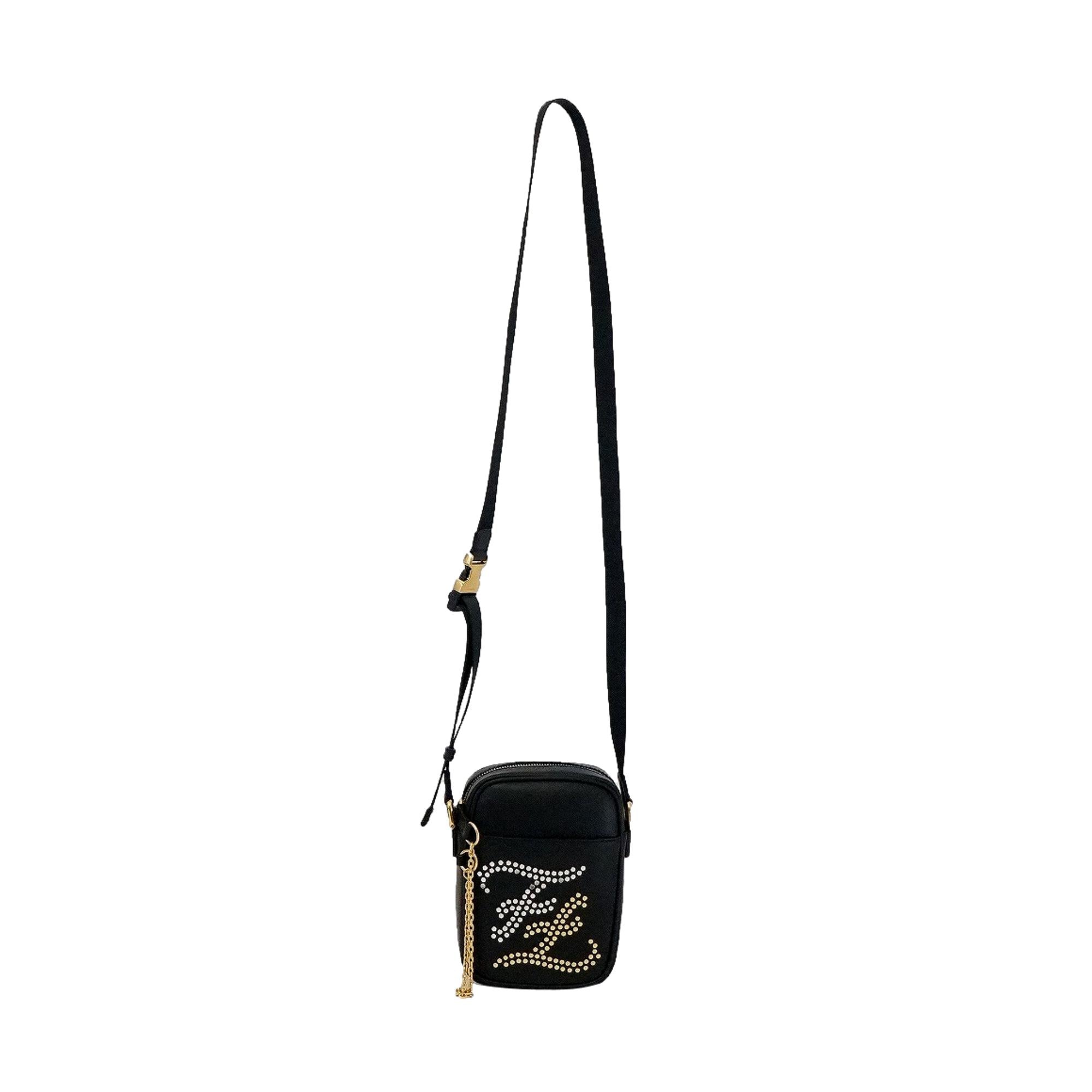 Fendi Karligraphy Studded Black Leather Small Crossbody Bag available at Queen Bee of Beverly Hills