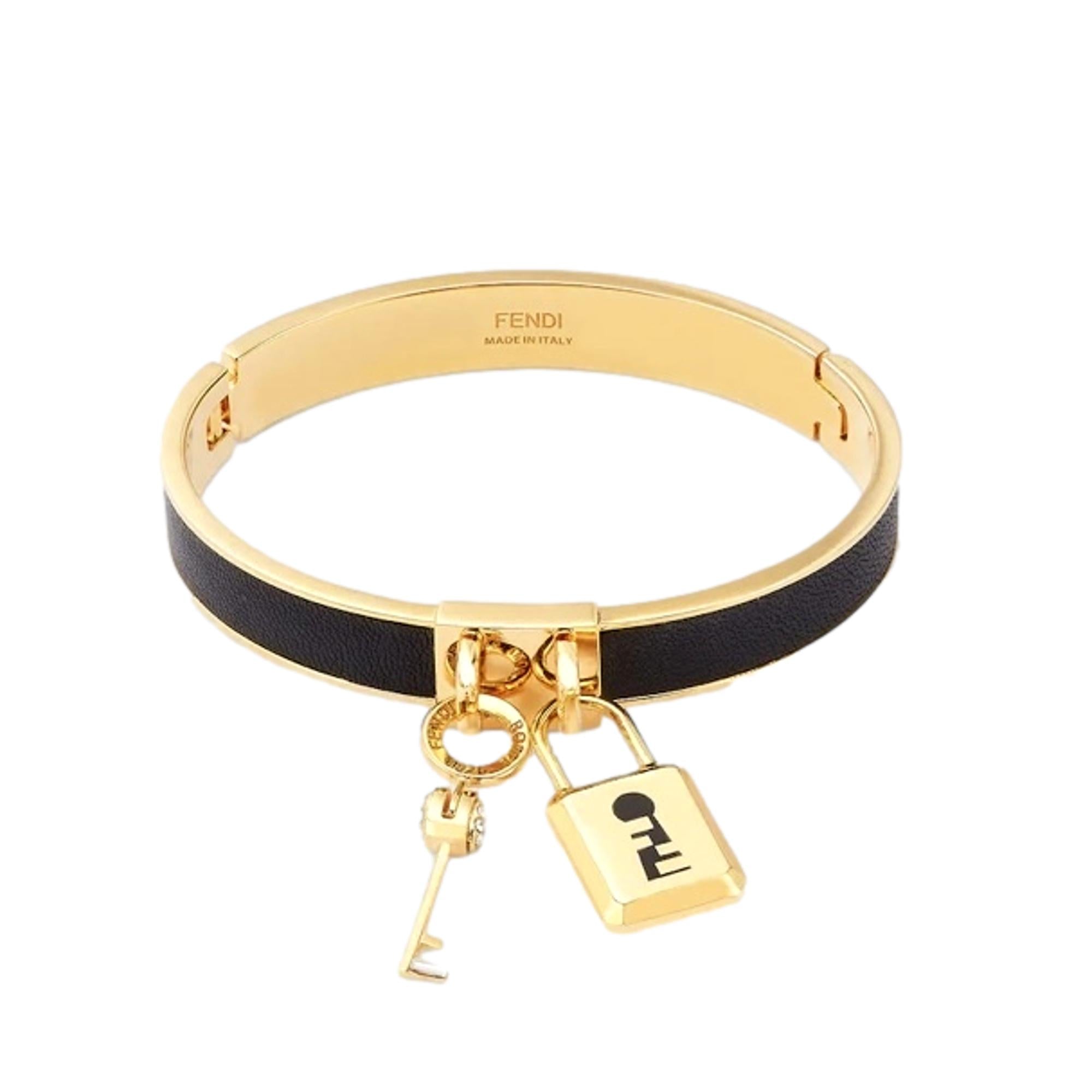 Fendi Master Key Black Leather Gold Small Bracelet available at Queen Bee of Beverly Hills