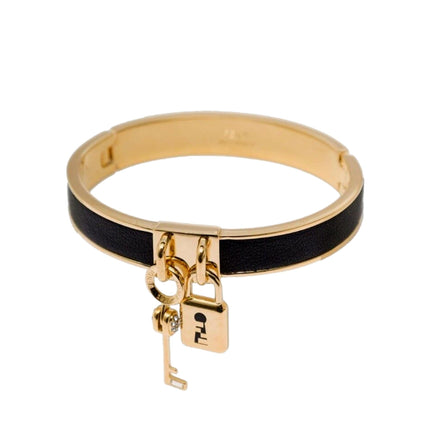Fendi Master Key Black Leather Gold Small Bracelet available at Queen Bee of Beverly Hills