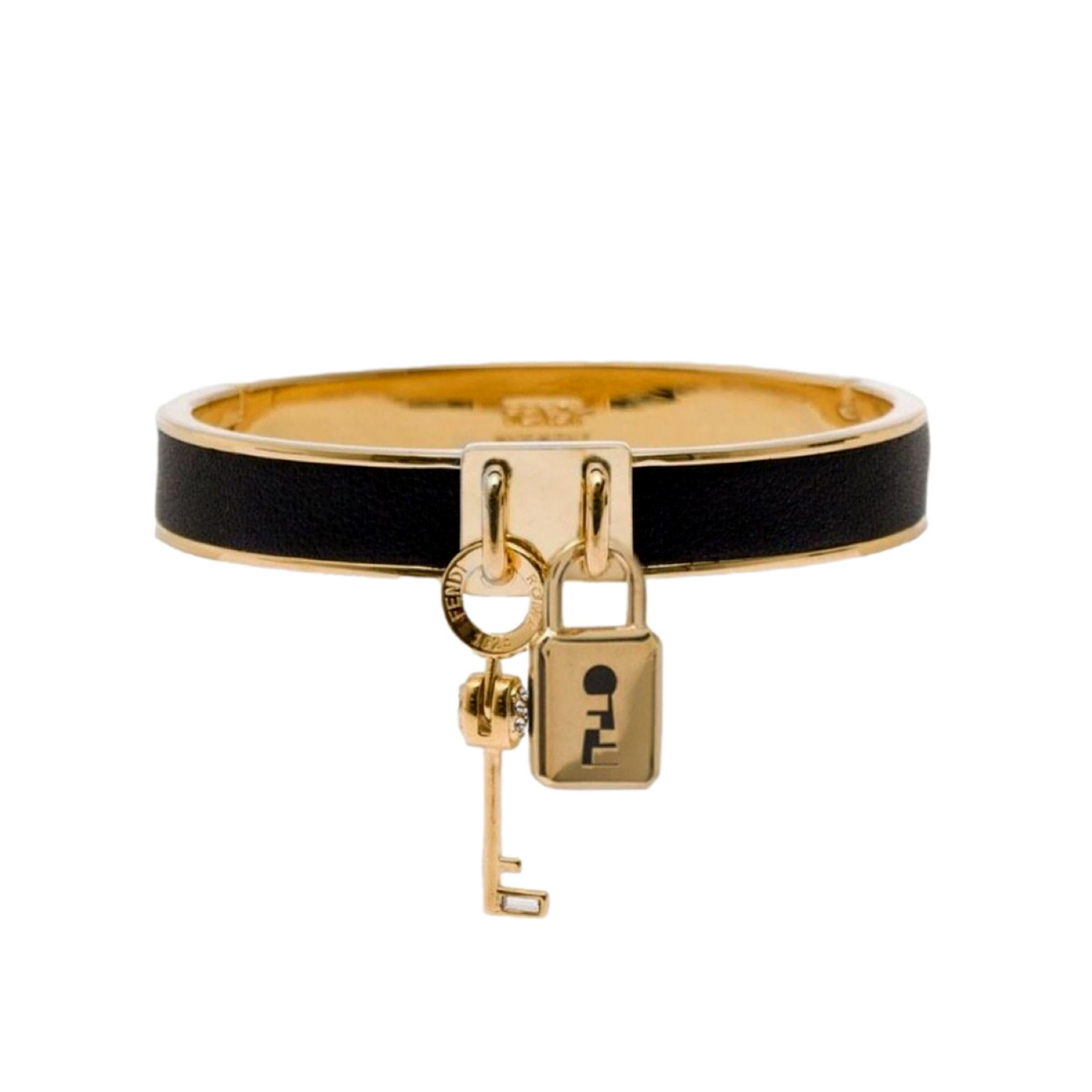 Fendi Master Key Black Leather Gold Small Bracelet available at Queen Bee of Beverly Hills