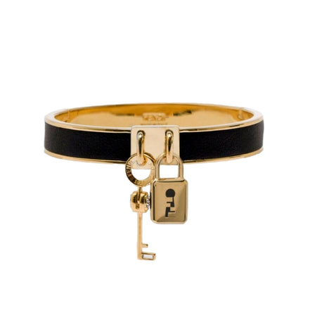 Fendi Master Key Black Leather Gold Small Bracelet available at Queen Bee of Beverly Hills