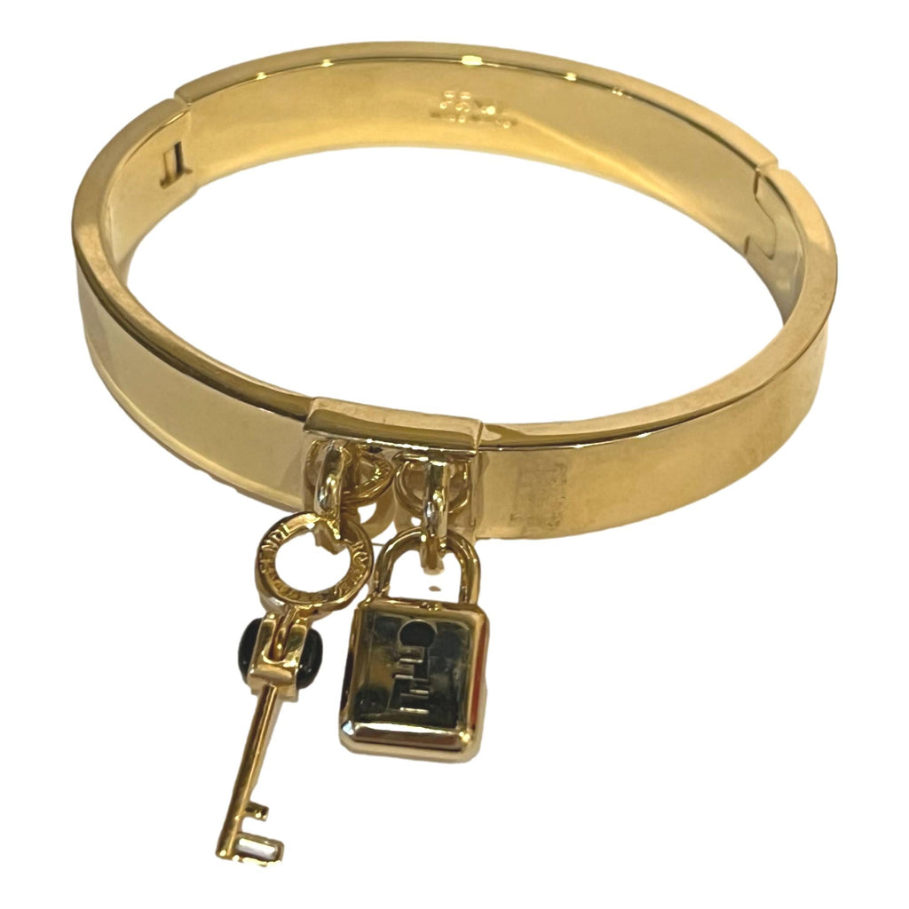 Fendi Master Key Pendant Gold Finish Metal Medium Cuff Bracelet at_Queen_Bee_of_Beverly_Hills