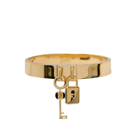 Fendi Master Key Pendant Gold Finish Metal Medium Cuff Bracelet at_Queen_Bee_of_Beverly_Hills