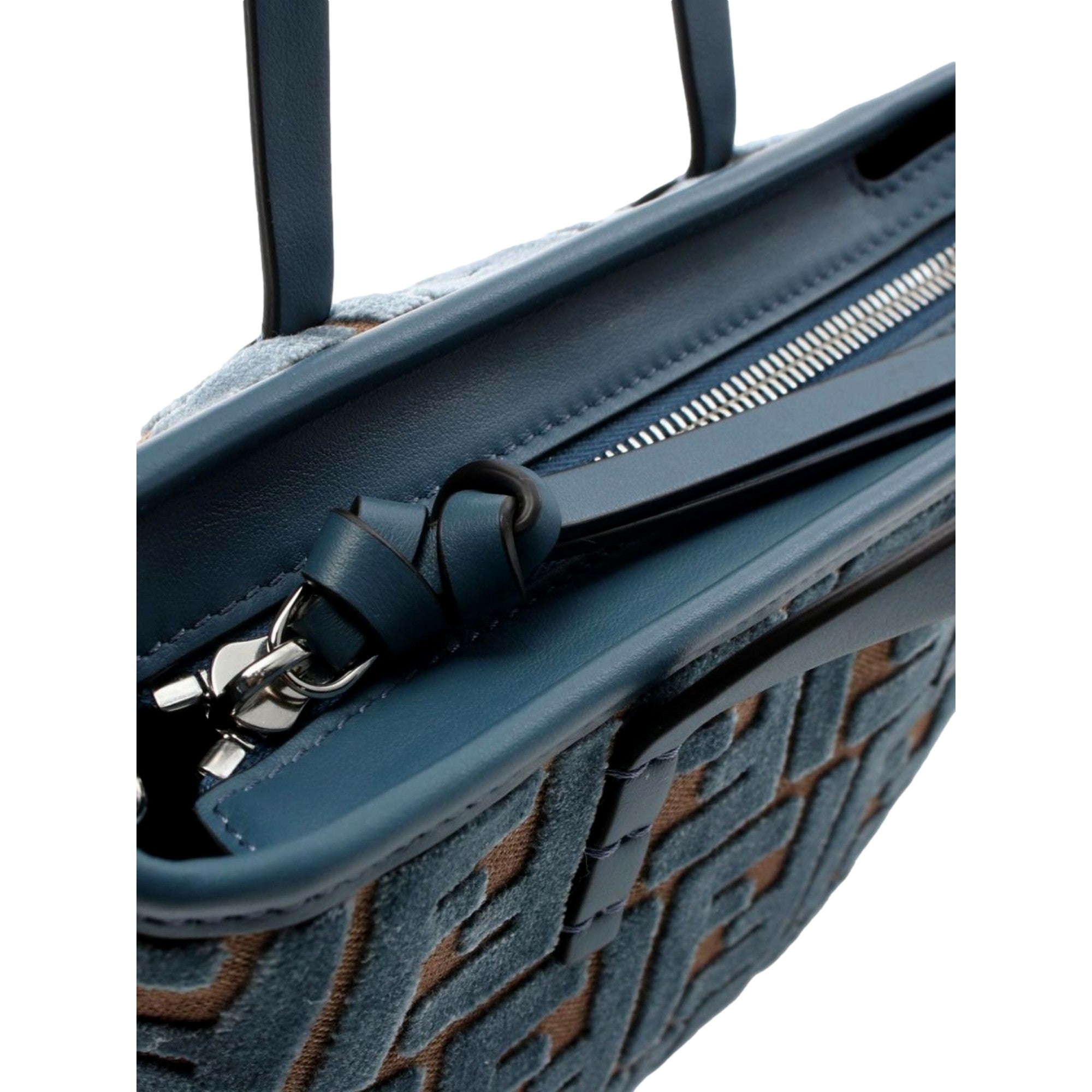 Fendi Mini Roll FF Shopping Tote Blue Brown Chenille Small Handbag