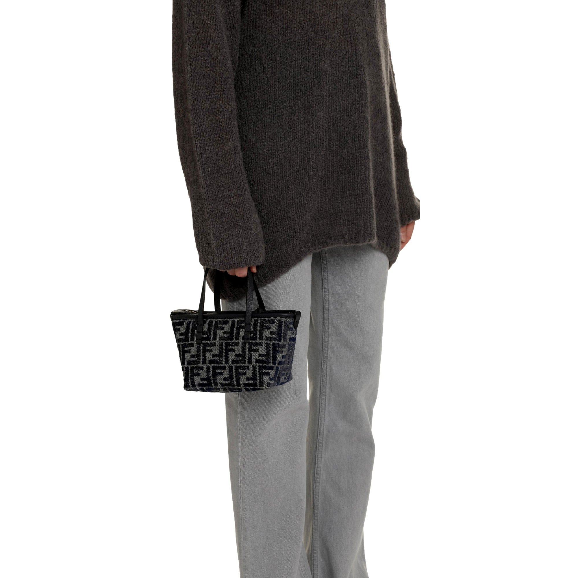 Fendi Mini Roll FF Shopping Tote Blue Gray Chenille Small Handbag