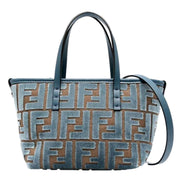 Fendi Mini Roll FF Shopping Tote Blue Brown Chenille Small Handbag available at Queen Bee of Beverly Hills