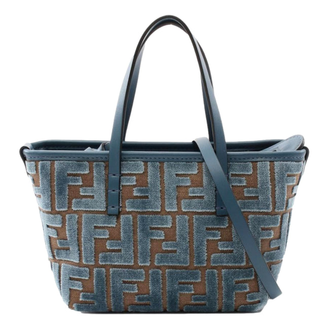 Fendi Mini Roll FF Shopping Tote Blue Brown Chenille Small Handbag available at Queen Bee of Beverly Hills