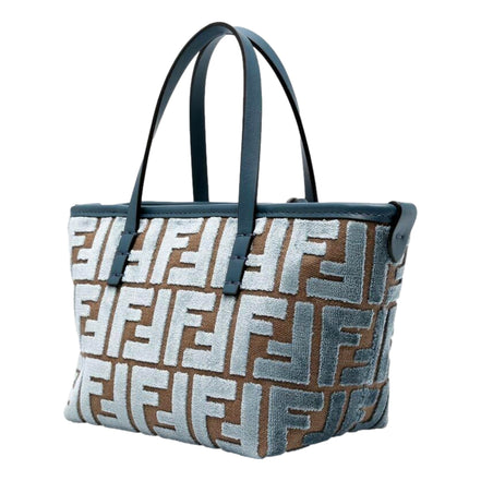 Fendi Mini Roll FF Shopping Tote Blue Brown Chenille Small Handbag available at Queen Bee of Beverly Hills