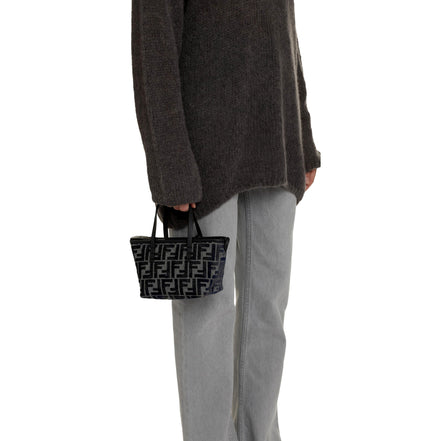 Fendi Mini Roll FF Shopping Tote Blue Gray Chenille Small Handbag available at Queen Bee of Beverly Hills