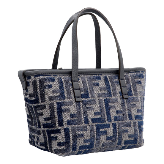 Fendi Mini Roll FF Shopping Tote Blue Gray Chenille Small Handbag available at Queen Bee of Beverly Hills