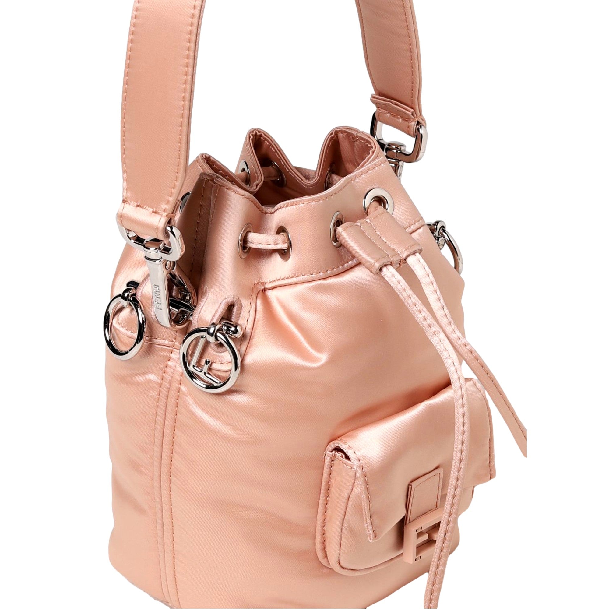 Fendi Mon Tresor Baguette Baby Pink Nylon Bucket Mini Crossbody Bag available at Queen Bee of Beverly Hills