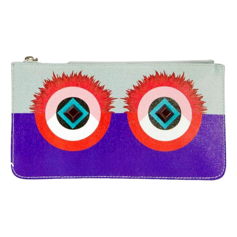 Fendi Monster Zip Pouch Clutch Cosmetic Bag Travel Purple Blue Leather available at Queen Bee of Beverly Hills
