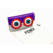 Fendi Monster Zip Pouch Clutch Cosmetic Bag Travel Purple Blue Leather available at Queen Bee of Beverly Hills