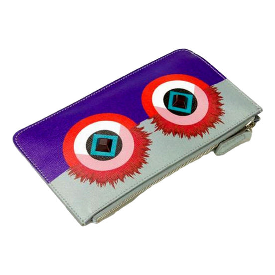 Fendi Monster Zip Pouch Clutch Cosmetic Bag Travel Purple Blue Leather available at Queen Bee of Beverly Hills