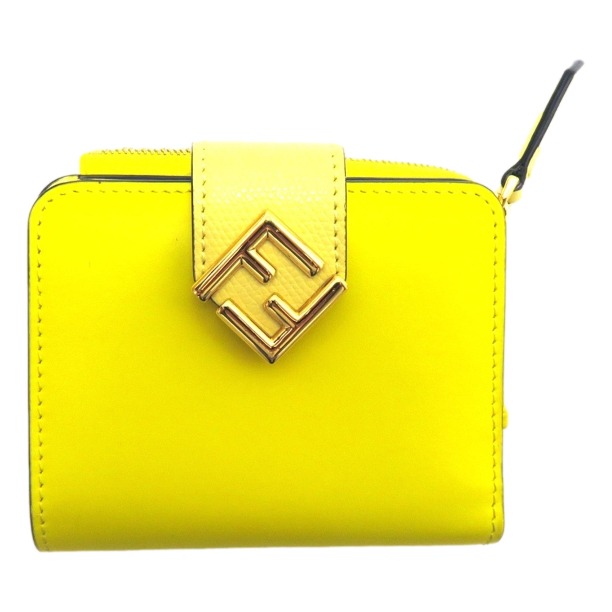 Fendi Diamonds Sorbetto Yellow Compact Zip Pocket Bifold Card Holder Wallet