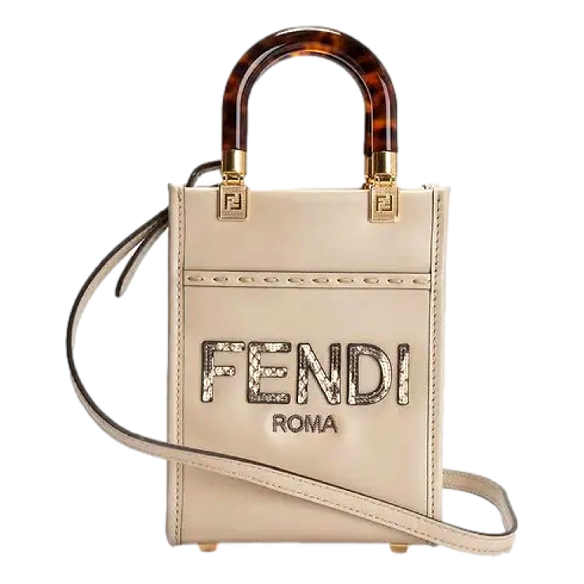 Fendi Nude Calfskin Snake Print Mini Sunshine Shopper Tote Crossbody Bag available at Queen Bee of Beverly Hills