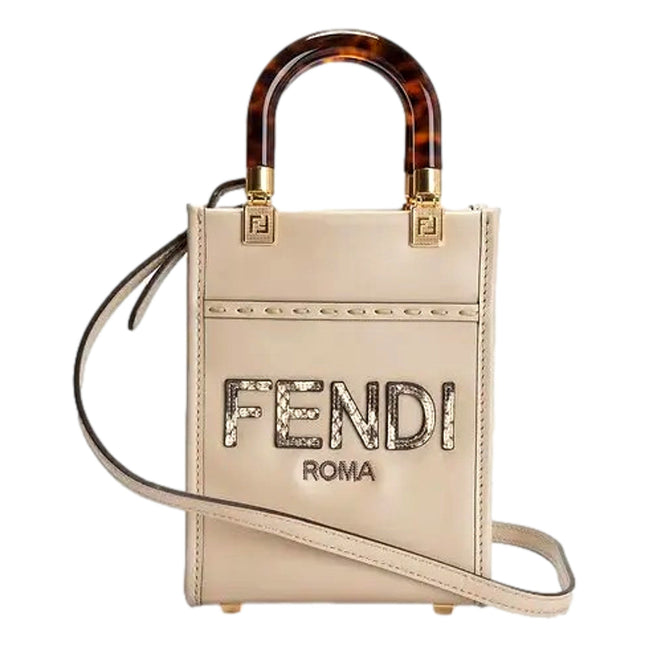 Fendi Nude Calfskin Snake Print Mini Sunshine Shopper Tote Crossbody Bag available at Queen Bee of Beverly Hills