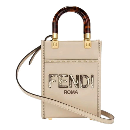 Fendi Nude Calfskin Snake Print Mini Sunshine Shopper Tote Crossbody Bag available at Queen Bee of Beverly Hills